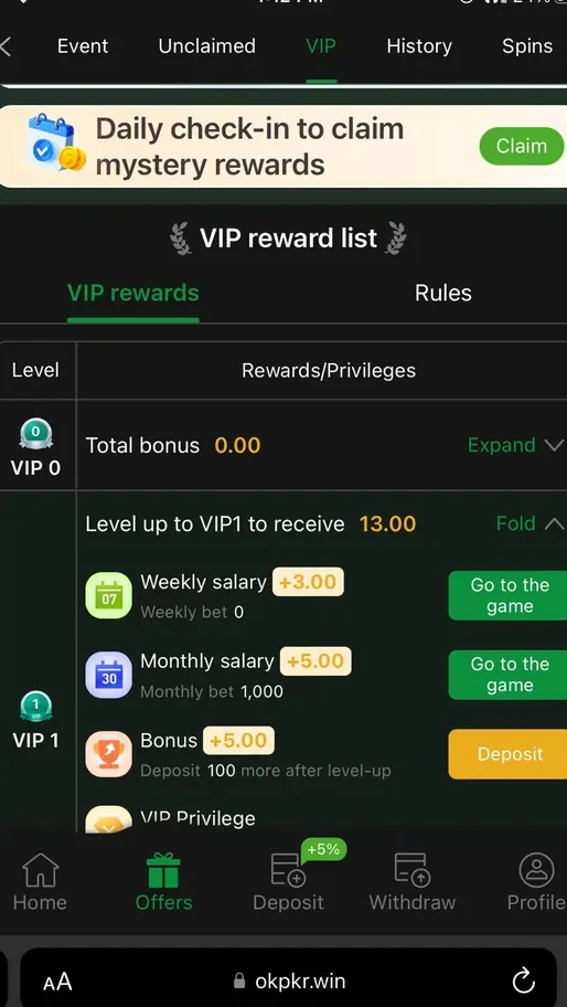 Daily rewards in okpkr